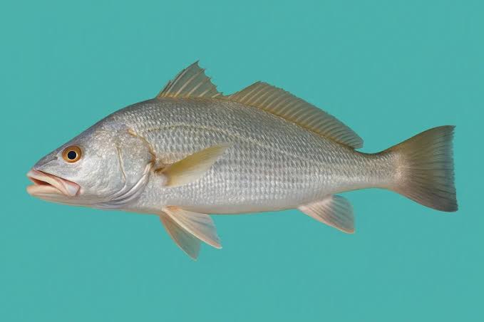 A silver black jewfish shown in side profile