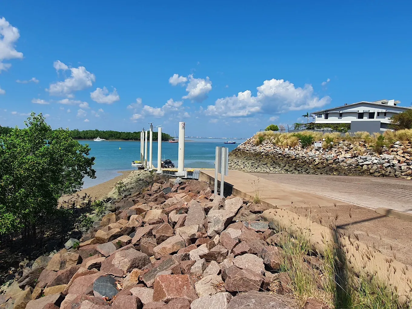 Dinah Beach Boat Ramp at Stuart Park, with the harbour water and mangrove line beyond