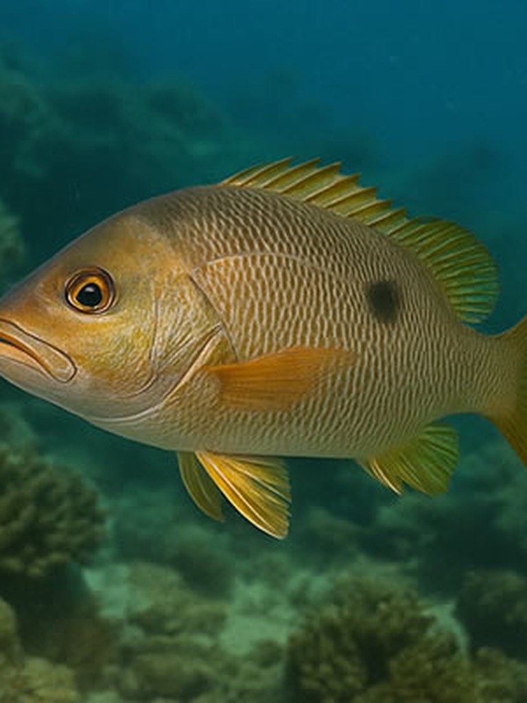 A golden snapper over coral
