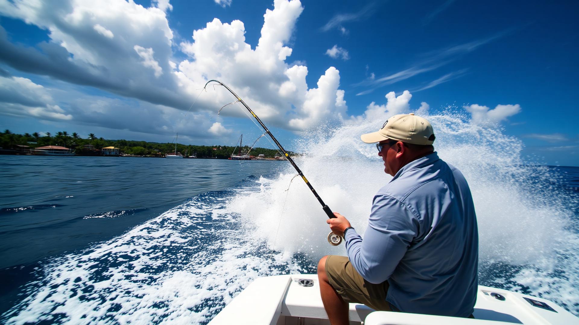 Angler with a bent rod fighting a fish from the back of the boat, spray flying