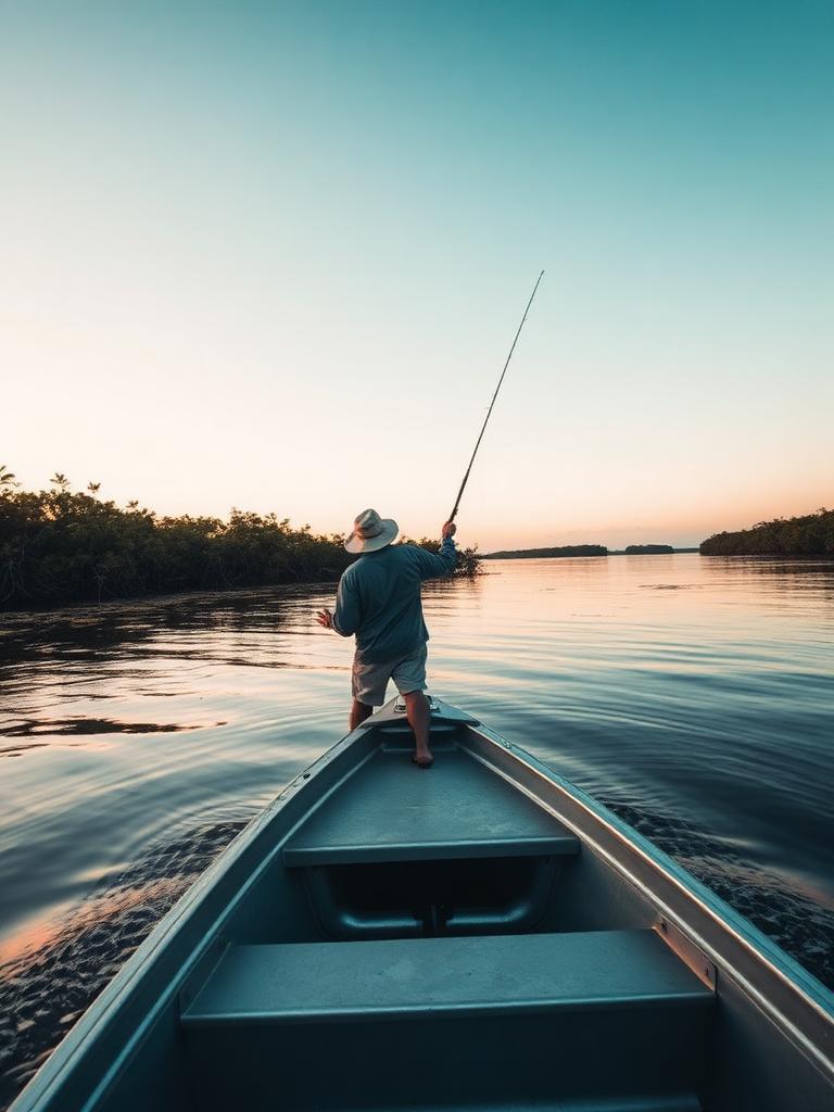 Angler casting a lure towards a remote mangrove shoreline from the bow of a boat