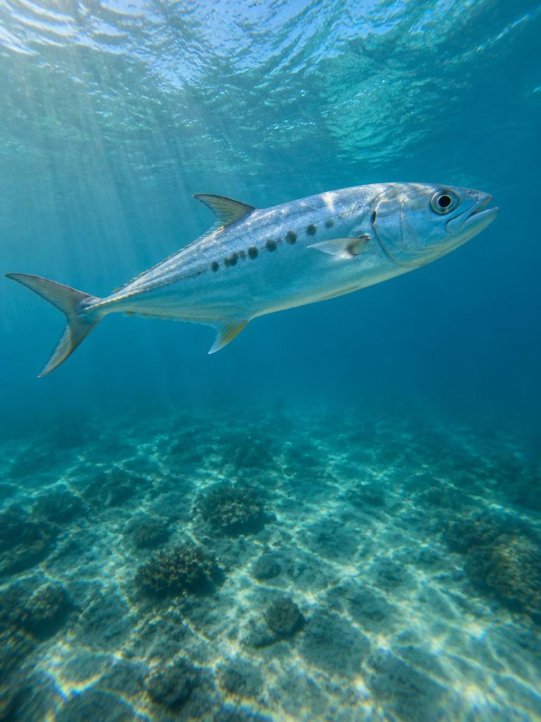 A queenfish cruising near the surface in clear blue water